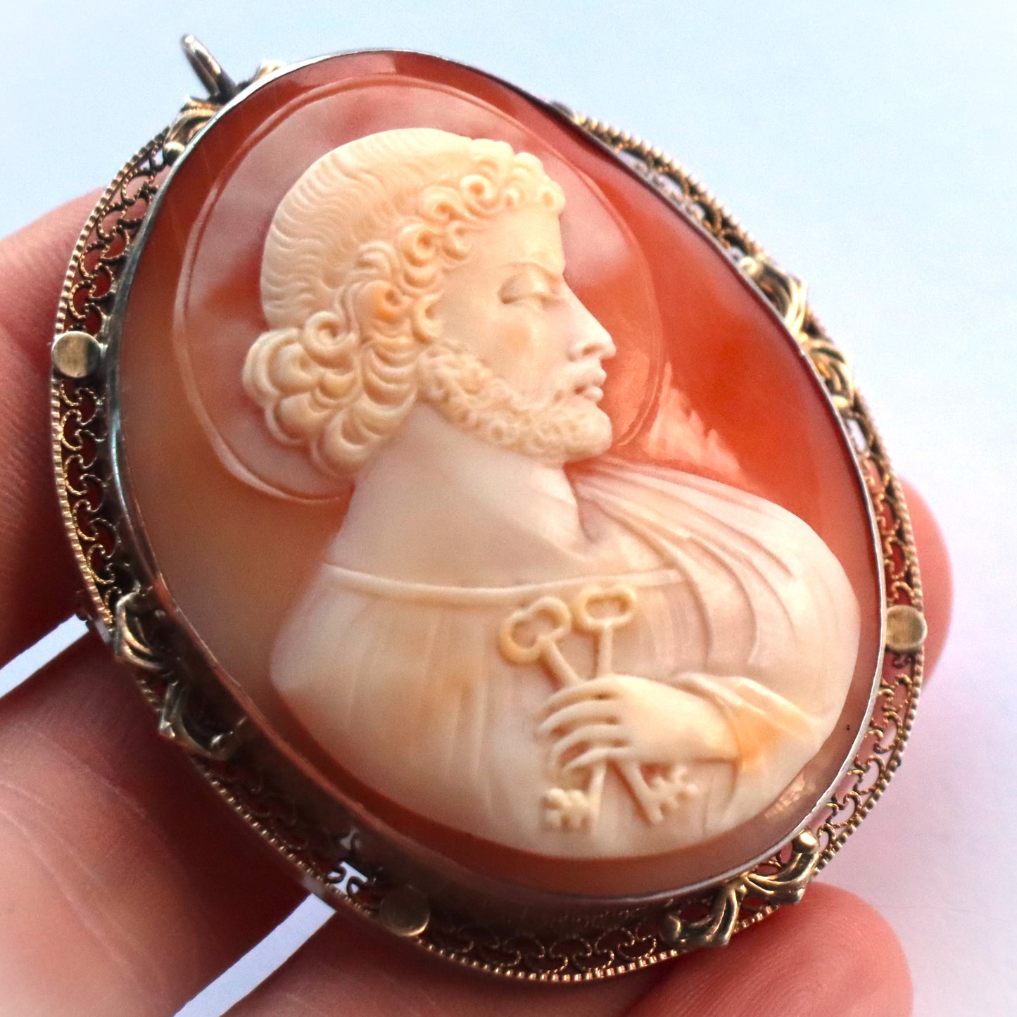 Antique Vermeil Sterling Filigree Hand Carved Shell Cameo Brooch of Saint Peter c1900