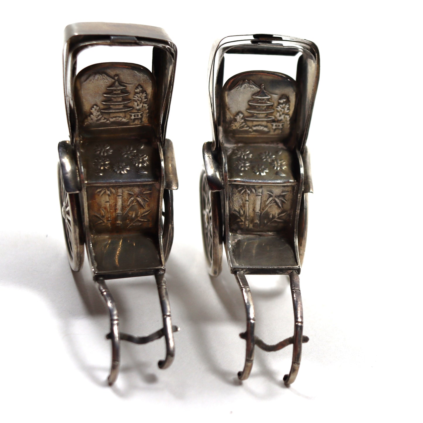 Vintage Japanese Novelty Sterling Silver Rickshaw Carriage Miniature Salt & Pepper
