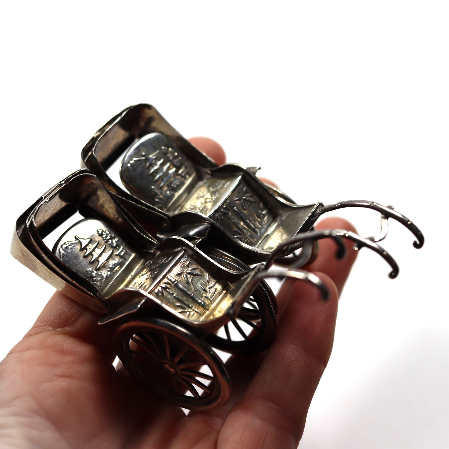 Vintage Japanese Novelty Sterling Silver Rickshaw Carriage Miniature Salt & Pepper