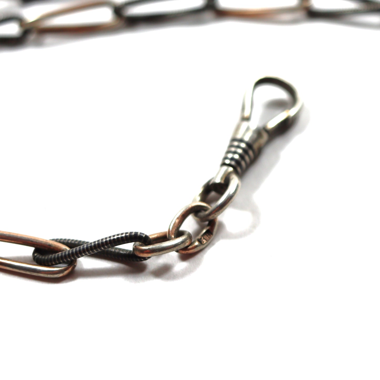 Victorian 800 Coin Silver Niello & Rose Gold Plate Pocket Watch Chain Necklace