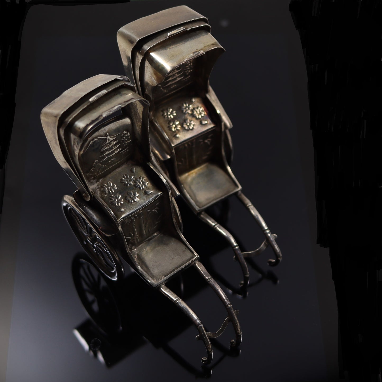 Vintage Japanese Novelty Sterling Silver Rickshaw Carriage Miniature Salt & Pepper