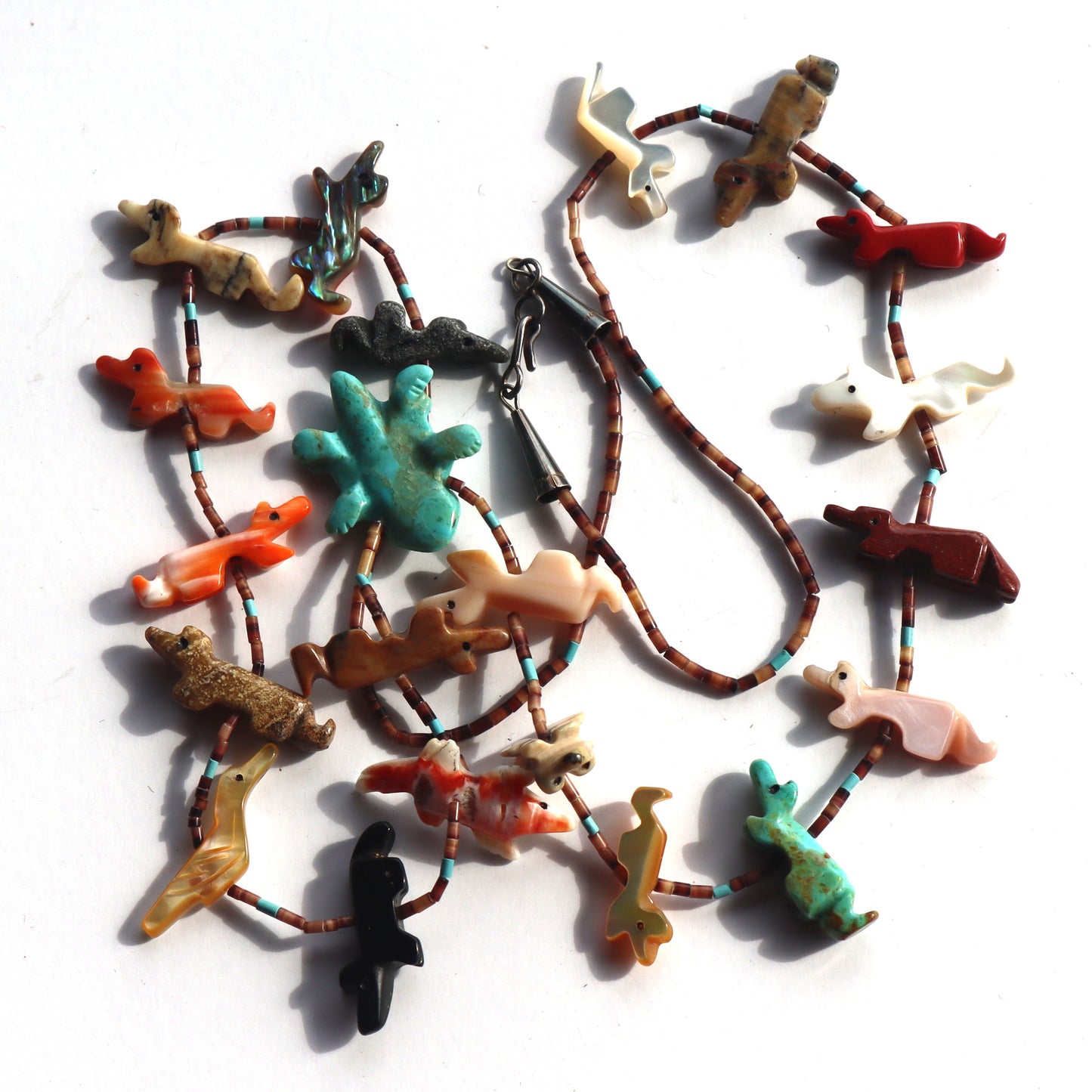 Zuni Hand Carved Multi Stone Fetish Heishi Olive Shell Turquoise Bead Necklace
