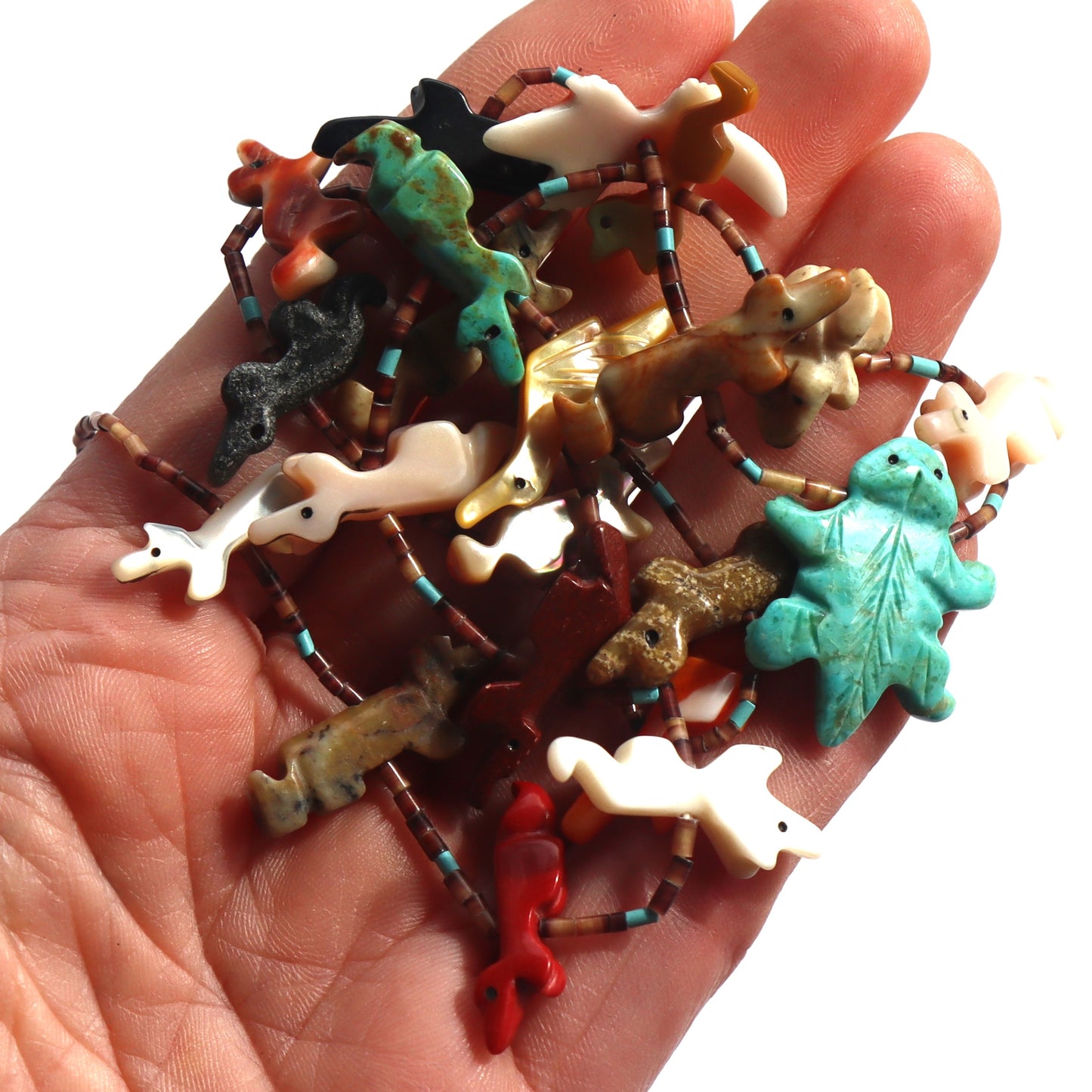 Zuni Hand Carved Multi Stone Fetish Heishi Olive Shell Turquoise Bead Necklace