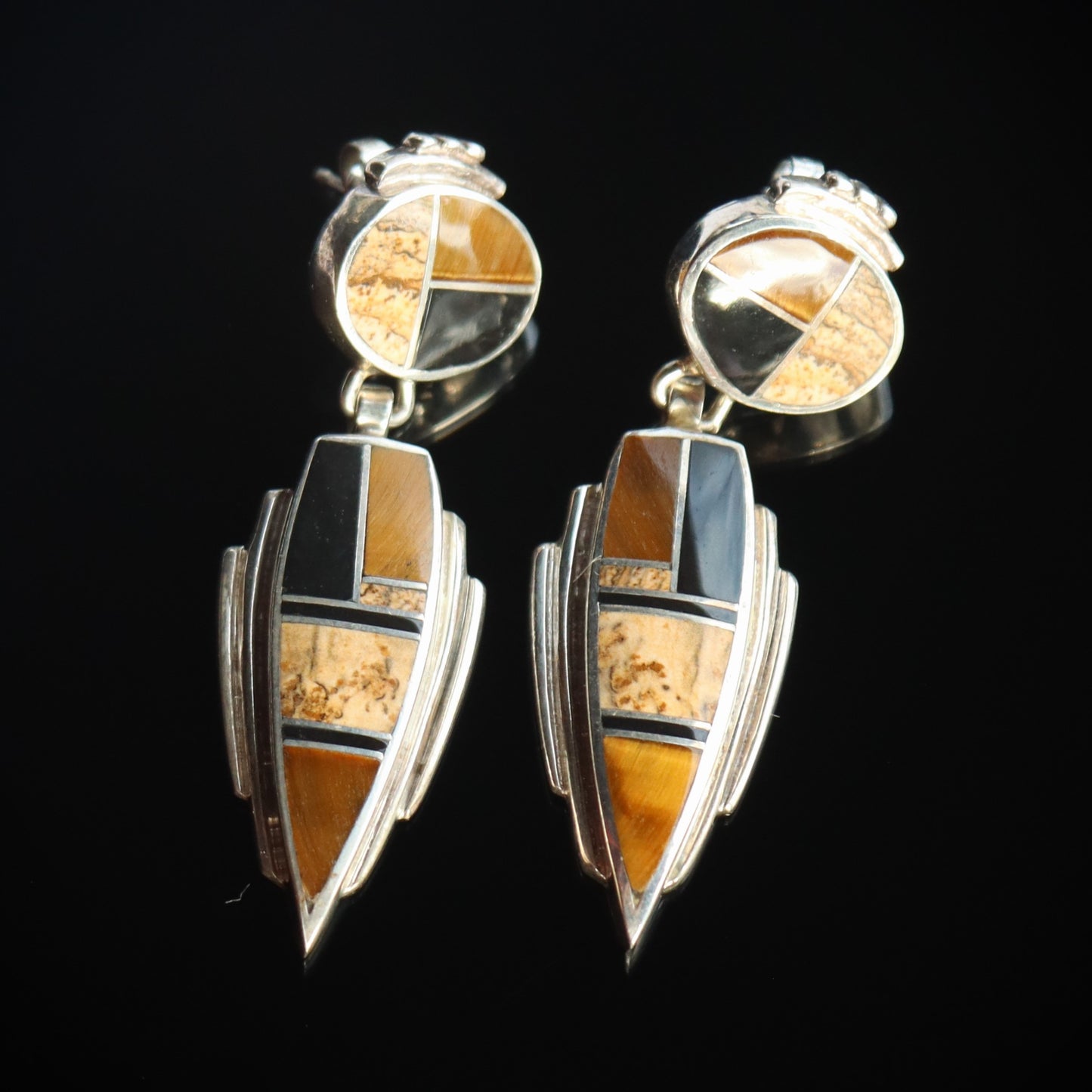 Vintage Southwest Zuni Tigers Eye Jasper Onyx Inlaid Silver Star Dangle Pierced Earrings