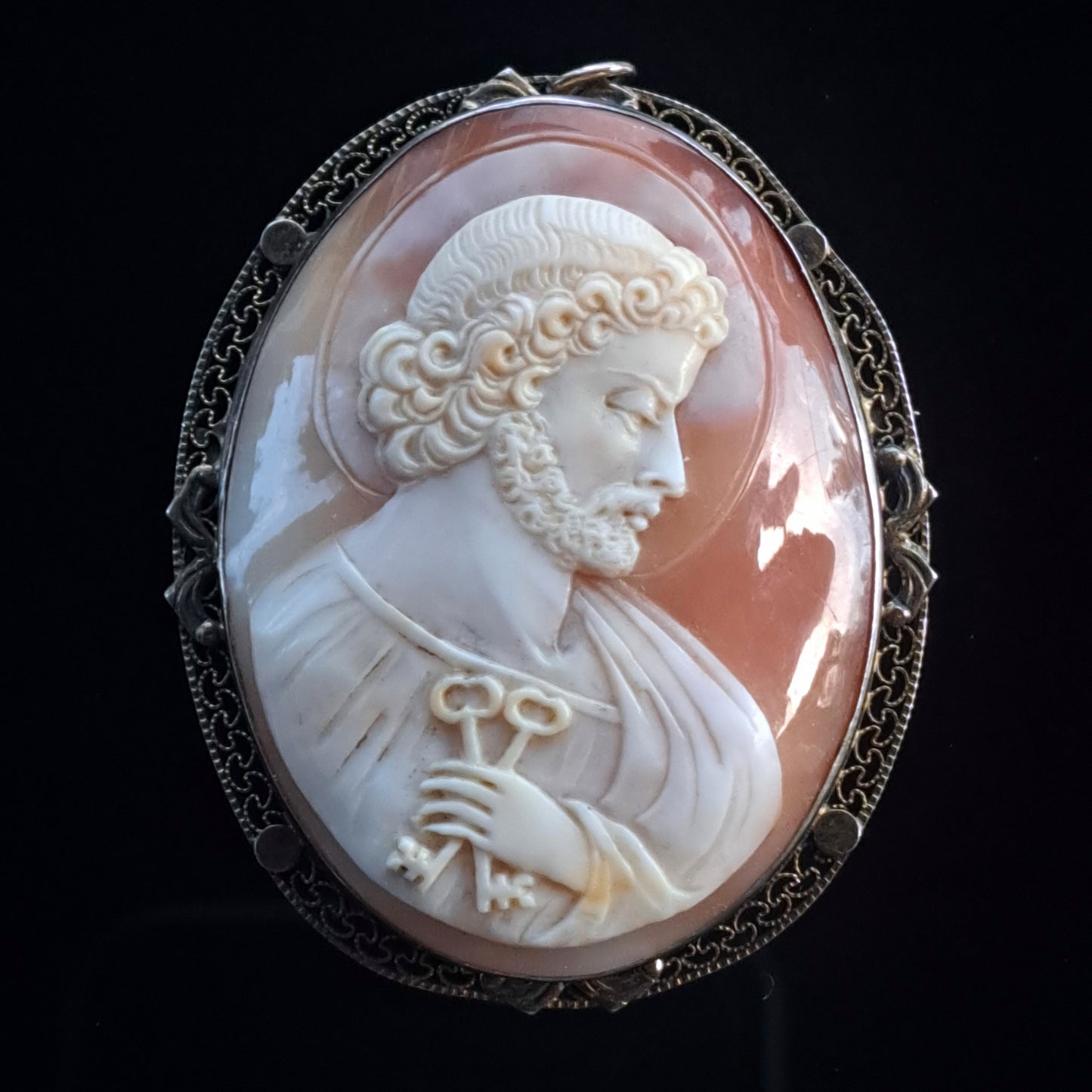 Antique Vermeil Sterling Filigree Hand Carved Shell Cameo Brooch of Saint Peter c1900