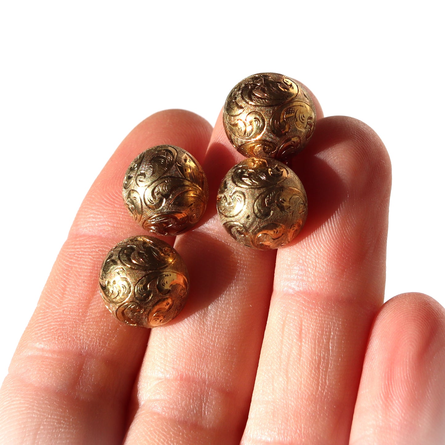 Art Nouveau 585 14k Yellow Gold Half Dome Scrollwork Cufflinks Buttons c1900