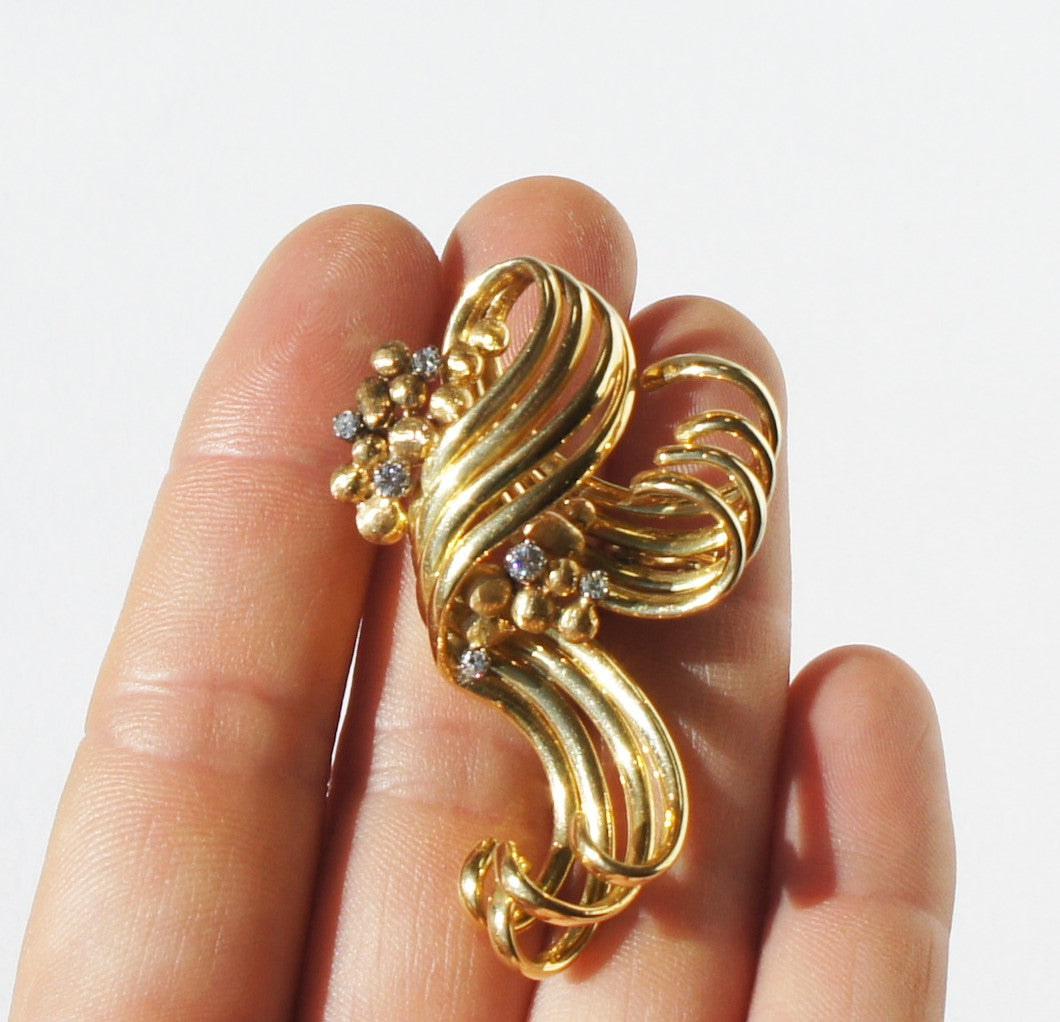 Art Deco 14k Gold Continental Diamond Ribbon Scroll Coat Brooch c1930 26gr