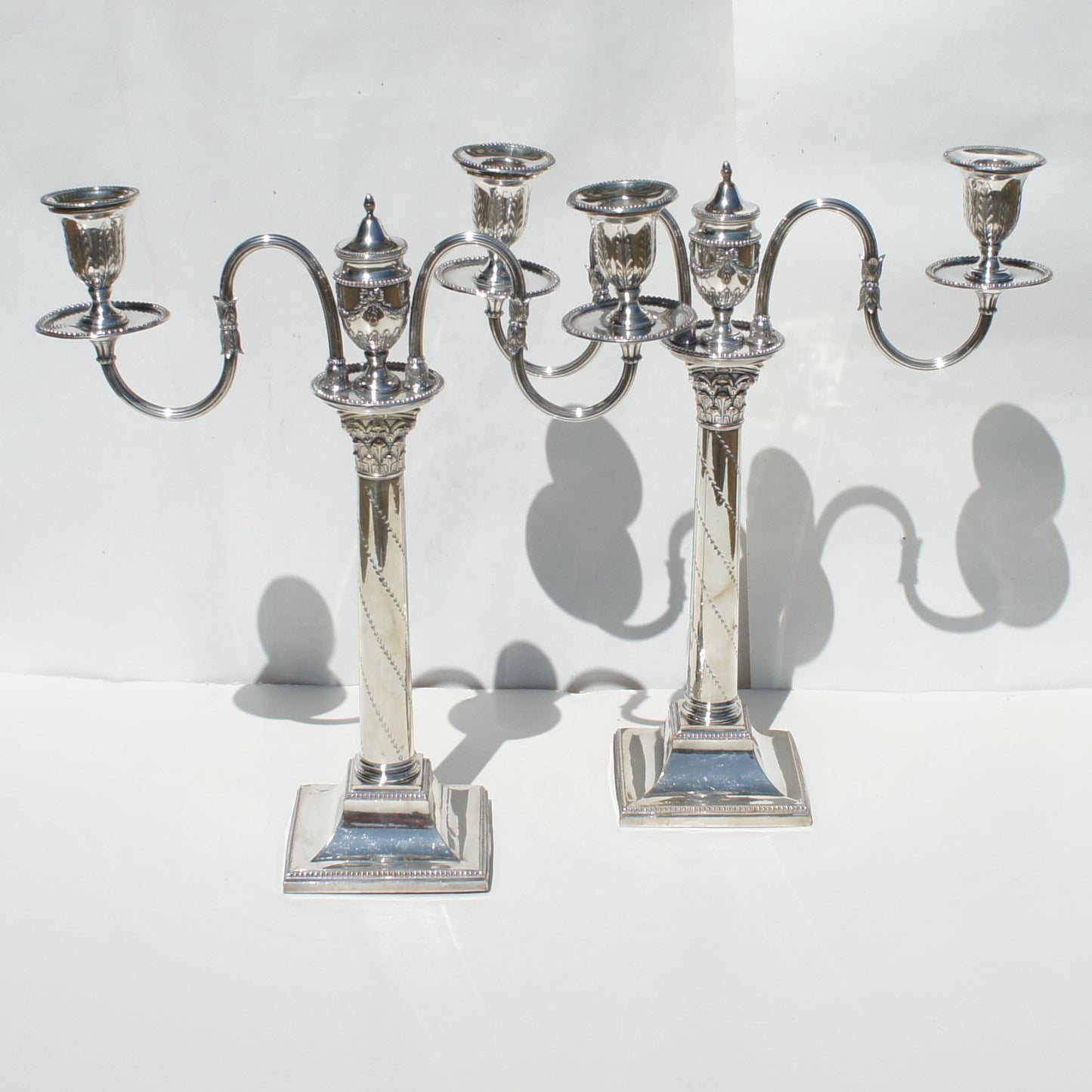 Pair Antique Georgian George III Silver on Copper Corinthian Column Two Arm Candelabra Candlesticks
