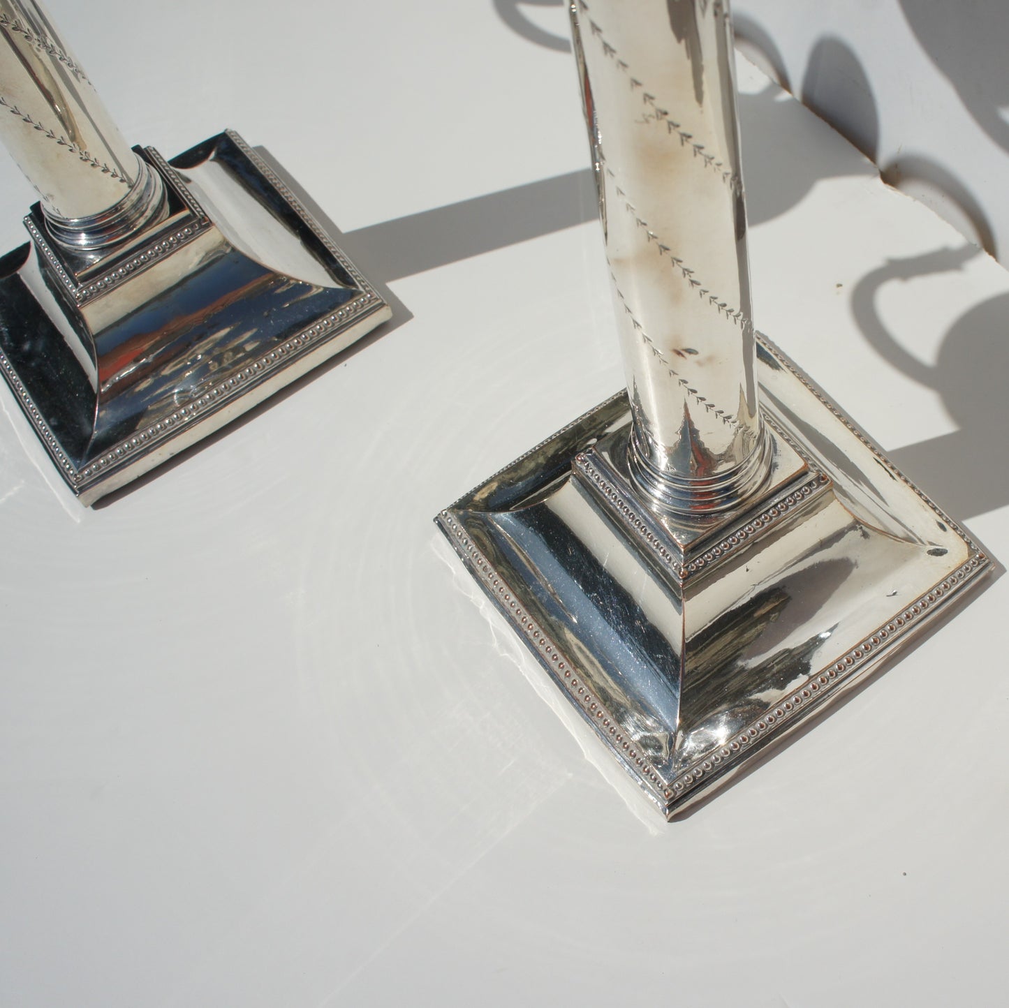 Pair Antique Georgian George III Silver on Copper Corinthian Column Two Arm Candelabra Candlesticks