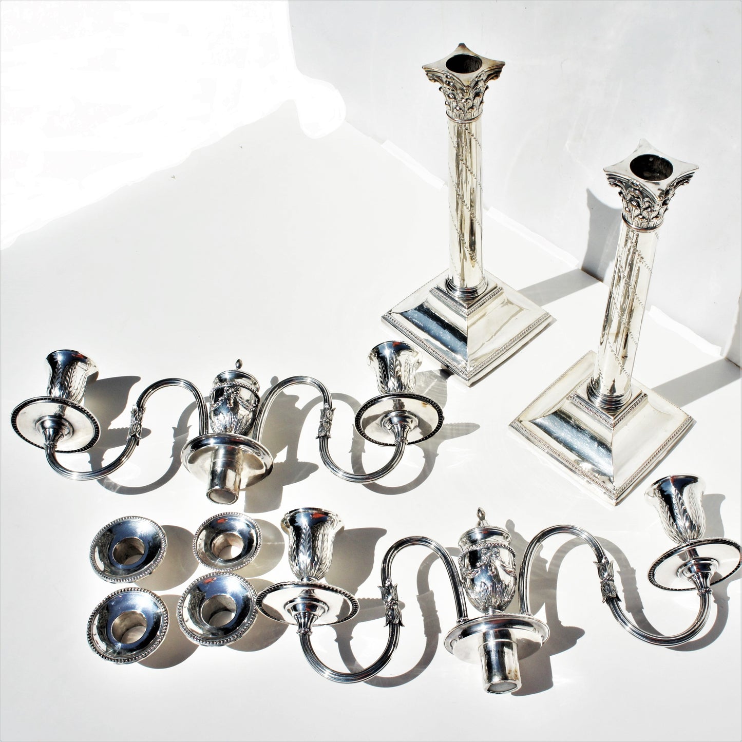 Pair Antique Georgian George III Silver on Copper Corinthian Column Two Arm Candelabra Candlesticks