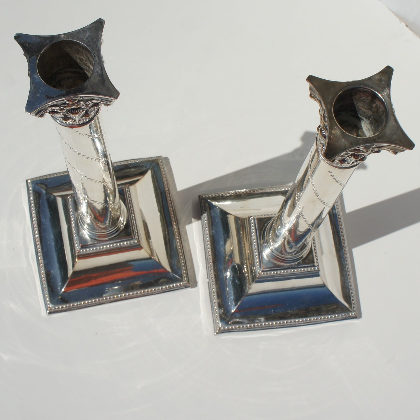 Pair Antique Georgian George III Silver on Copper Corinthian Column Two Arm Candelabra Candlesticks