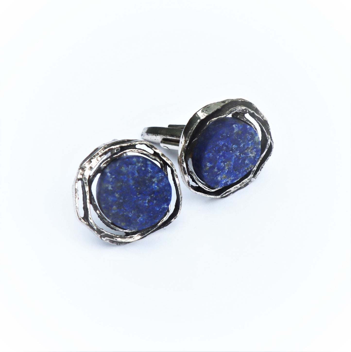 Mid-Century Modern Sterling Silver Continental Brutalist Rough Cut Lapis Lazuli Cufflinks