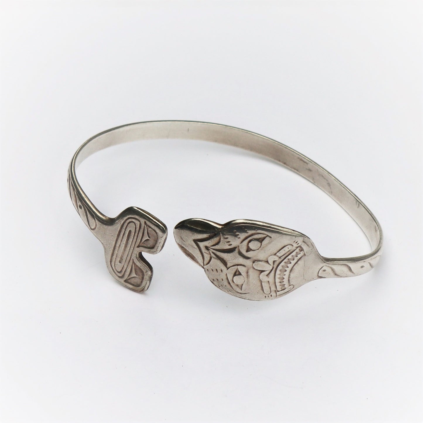 Vintage Northwest Coast Haida Tlingit Sterling Silver Dogfish or Shark Totem Cuff Bracelet