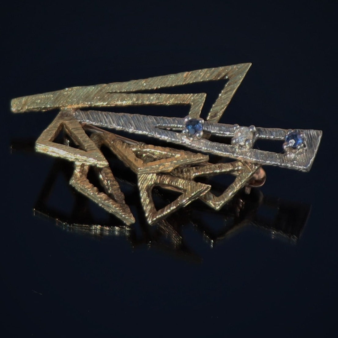 Estate Artisan 14k White Yellow Gold Sapphire Diamond Brutalist Brooch