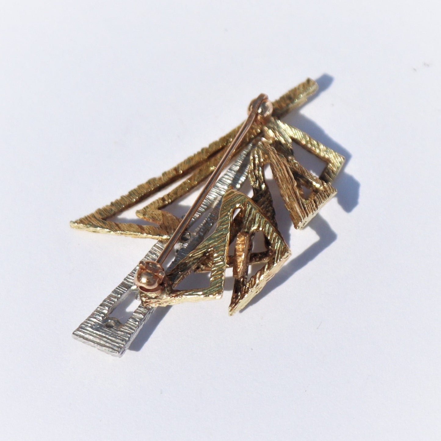 Estate Artisan 14k White Yellow Gold Sapphire Diamond Brutalist Brooch