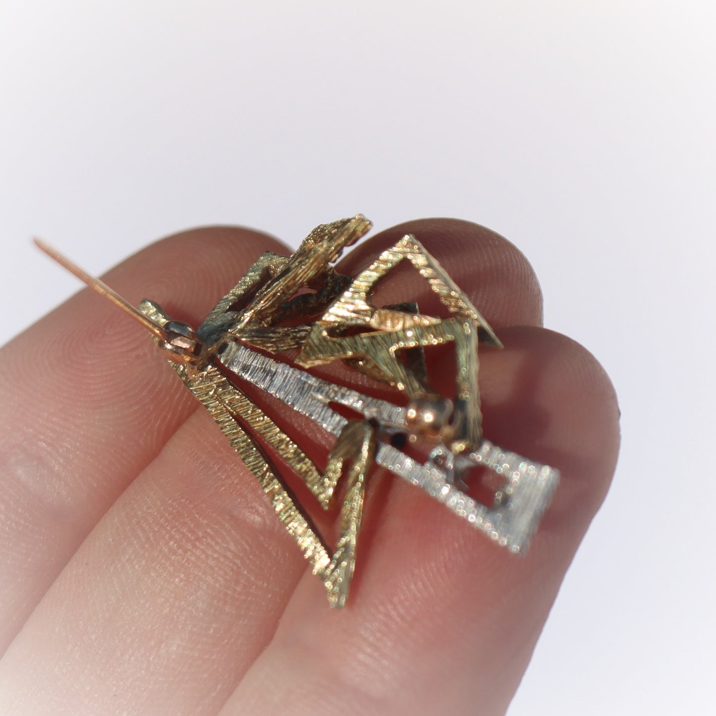 Estate Artisan 14k White Yellow Gold Sapphire Diamond Brutalist Brooch