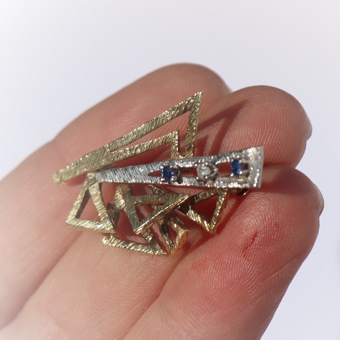 Estate Artisan 14k White Yellow Gold Sapphire Diamond Brutalist Brooch
