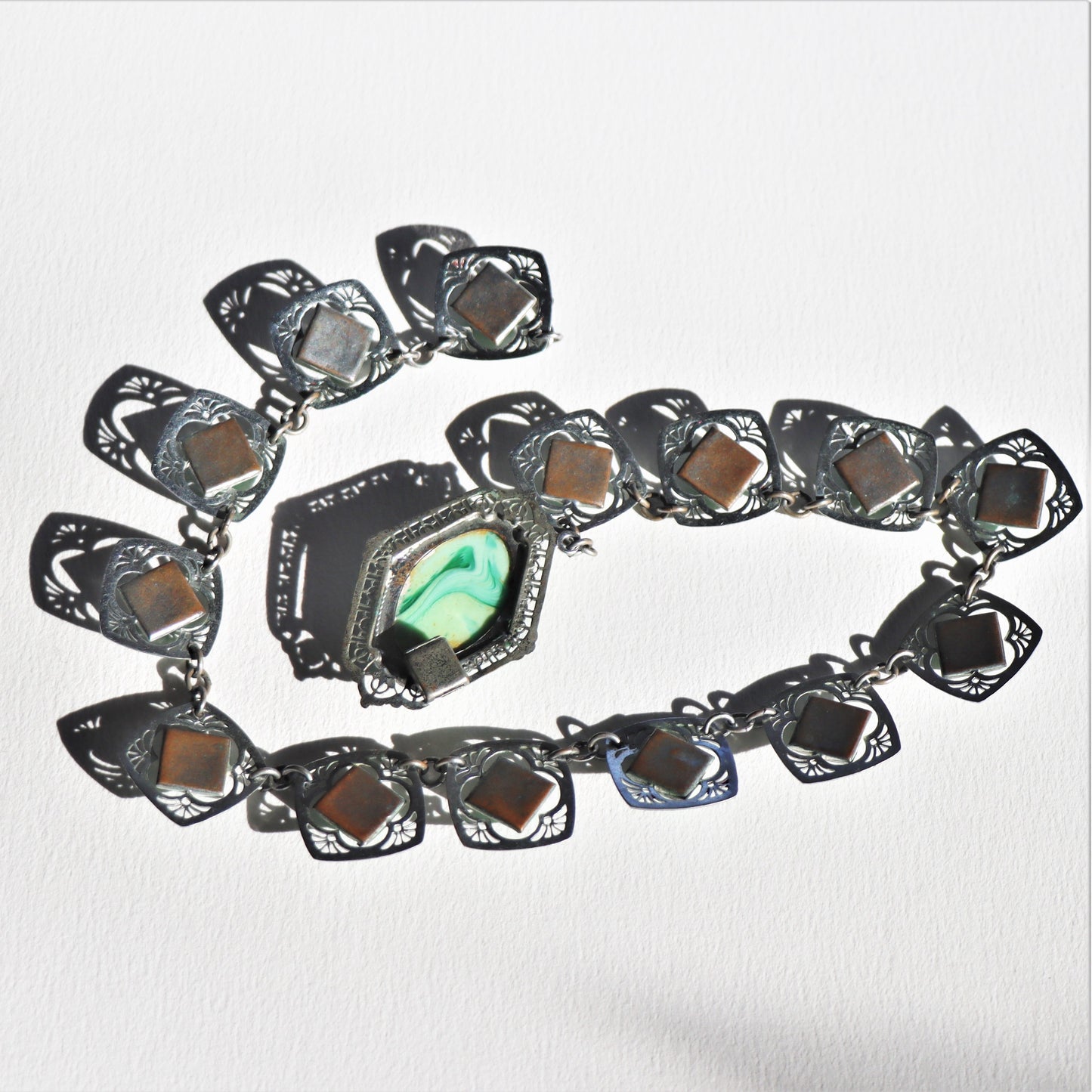 Art Deco Czechoslovakian Turquoise Peking Glass Rhodium Plate Collar Necklace c1930