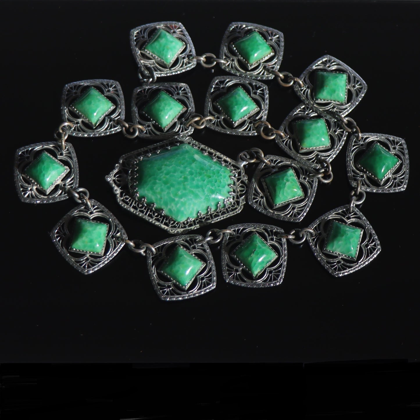 Art Deco Czechoslovakian Turquoise Peking Glass Rhodium Plate Collar Necklace c1930