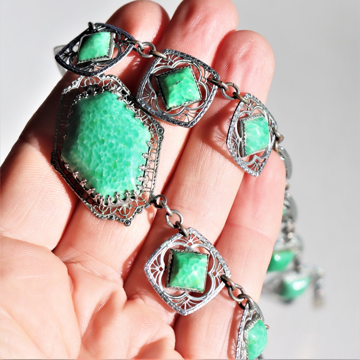 Art Deco Czechoslovakian Turquoise Peking Glass Rhodium Plate Collar Necklace c1930