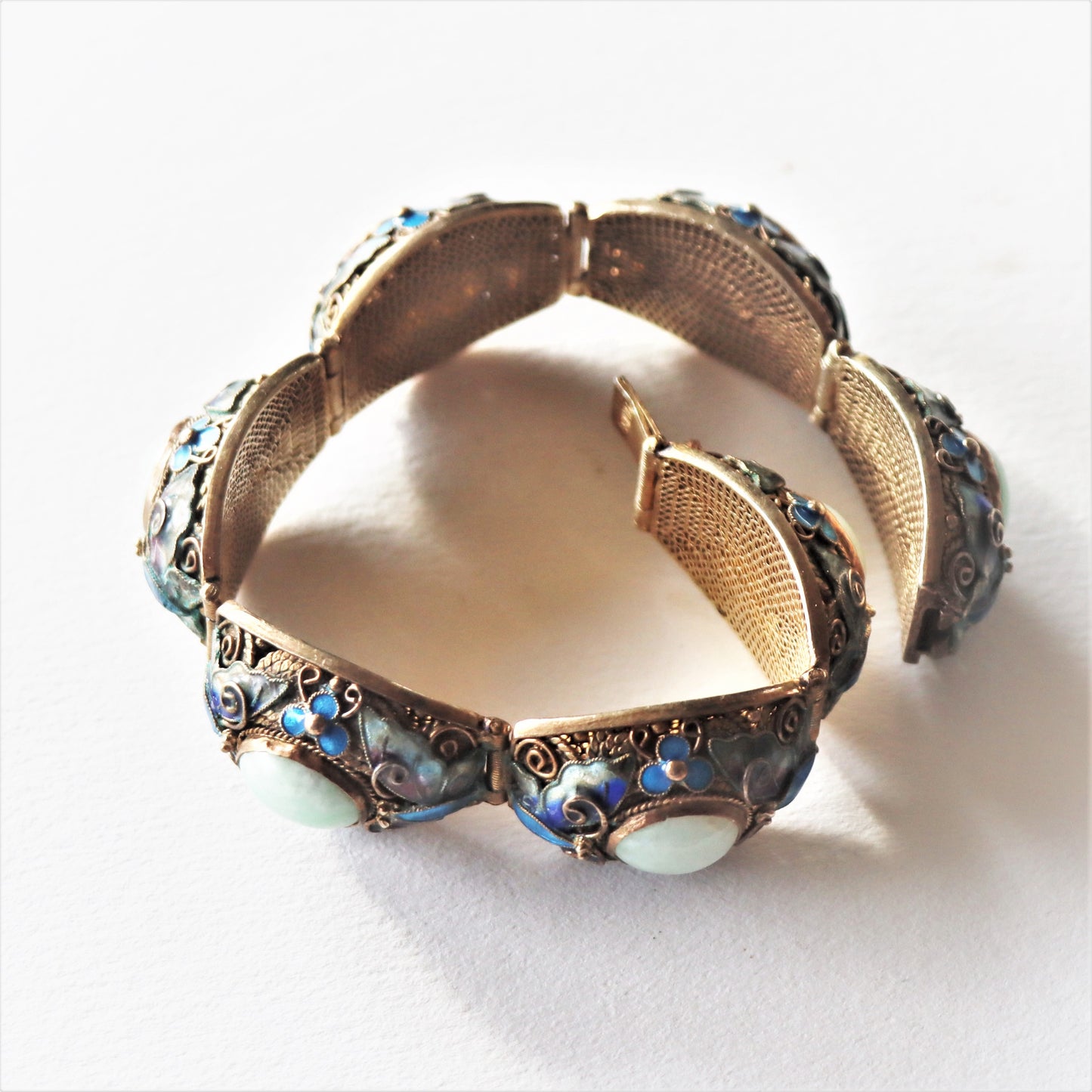 Vintage Chinese Silver Gold Vermeil Jade Jadeite Cloisonne Enamel Butterfly Bracelet