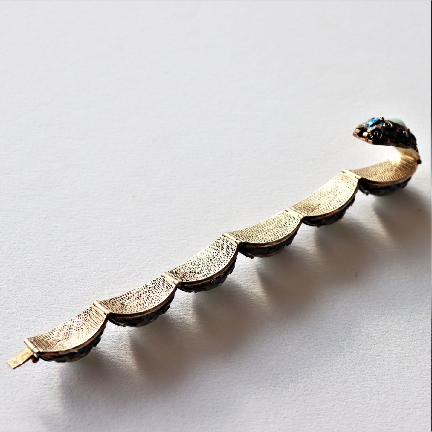 Vintage Chinese Silver Gold Vermeil Jade Jadeite Cloisonne Enamel Butterfly Bracelet