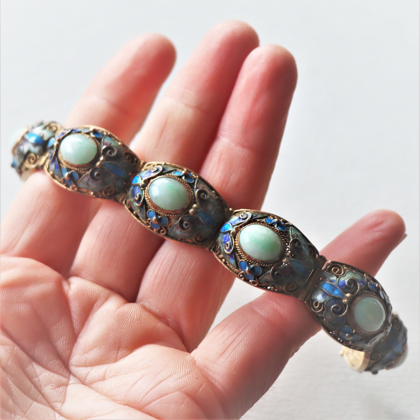 Vintage Chinese Silver Gold Vermeil Jade Jadeite Cloisonne Enamel Butterfly Bracelet