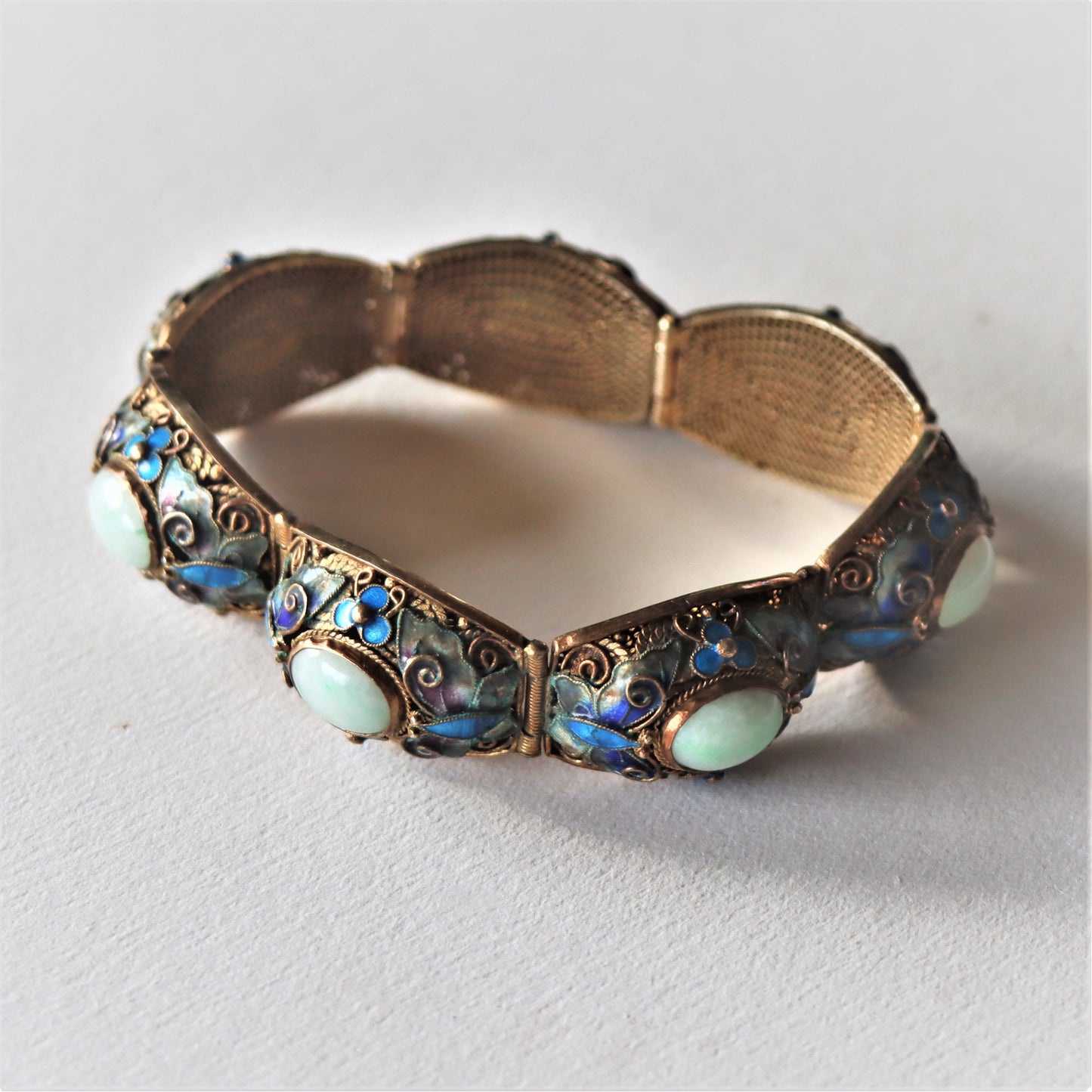 Vintage Chinese Silver Gold Vermeil Jade Jadeite Cloisonne Enamel Butterfly Bracelet