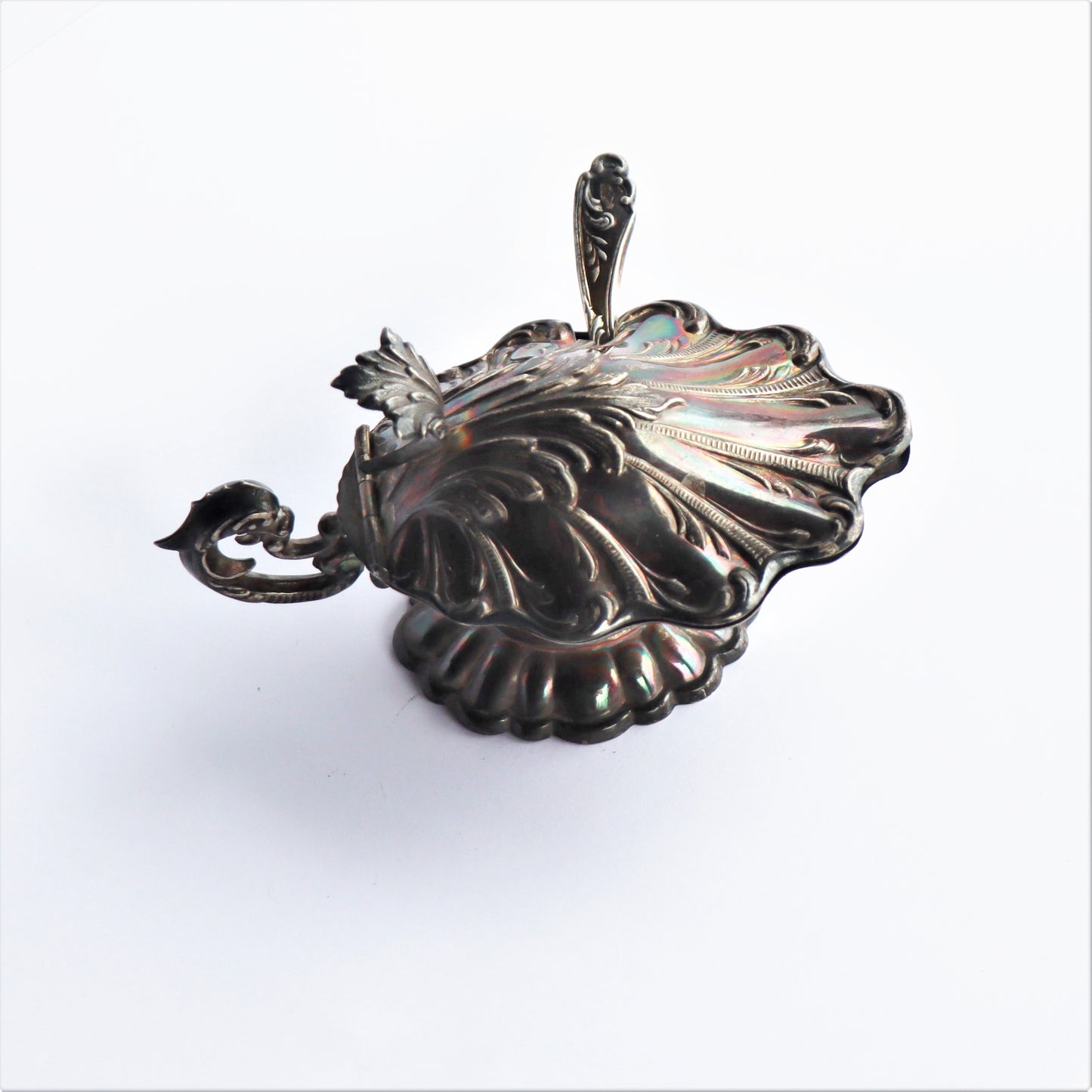 Art Nouveau Sterling Silver Spanish Oyster Dolphin Form Horseradish Pot Spoon D Garcia