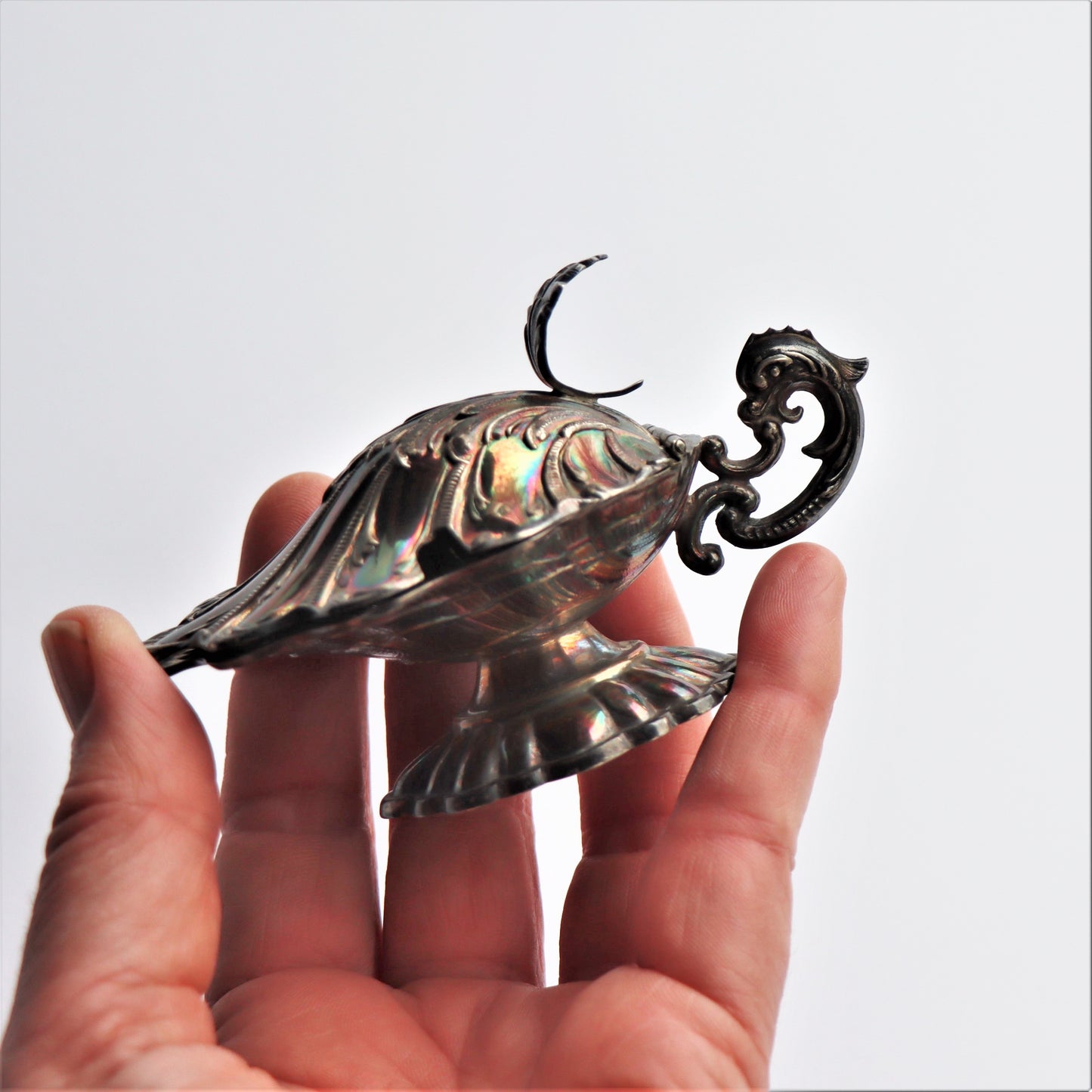 Art Nouveau Sterling Silver Spanish Oyster Dolphin Form Horseradish Pot Spoon D Garcia