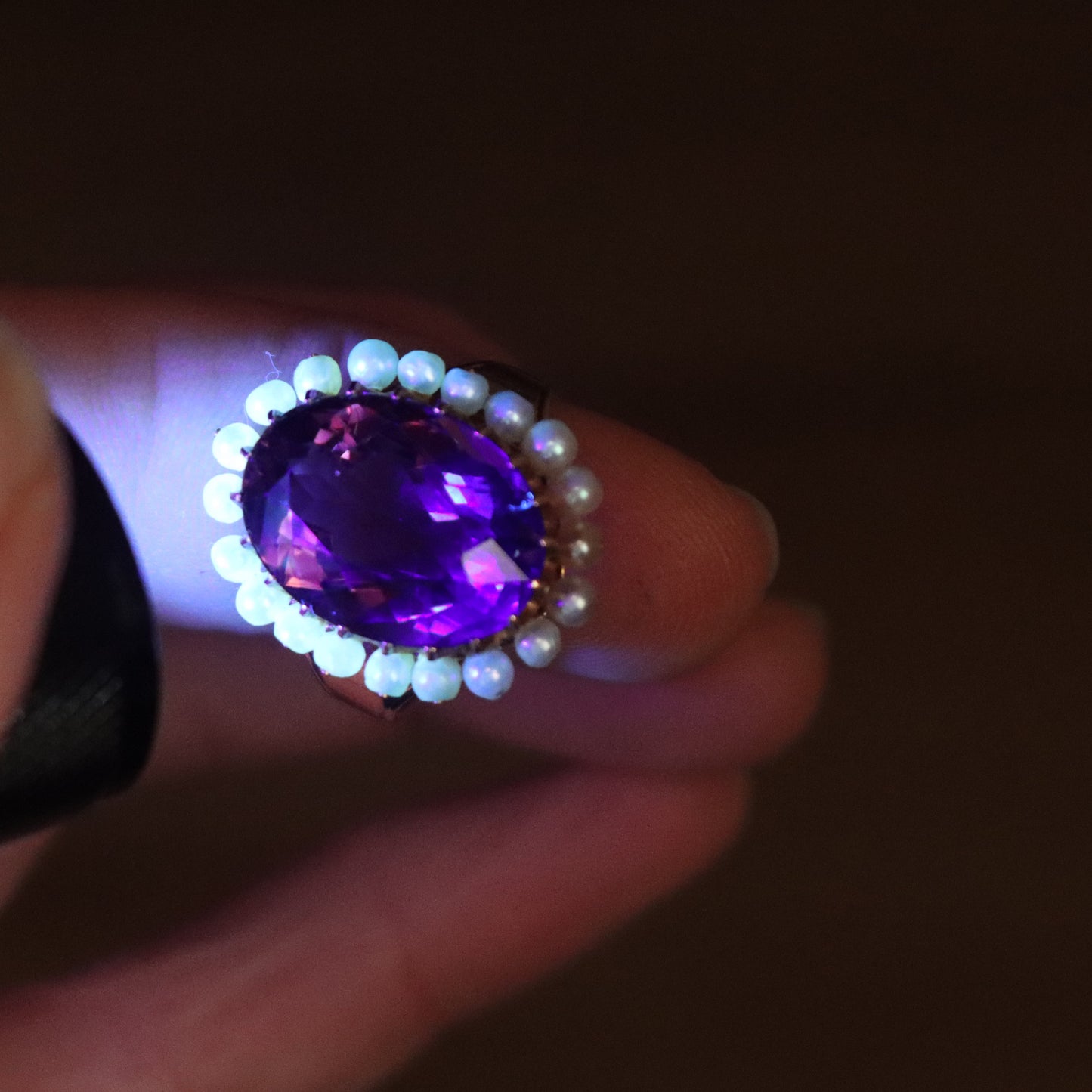 Victorian 14k Gold Natural Seed Pearl 12ct Oval Cut Amethyst Princess Ring sz8.25