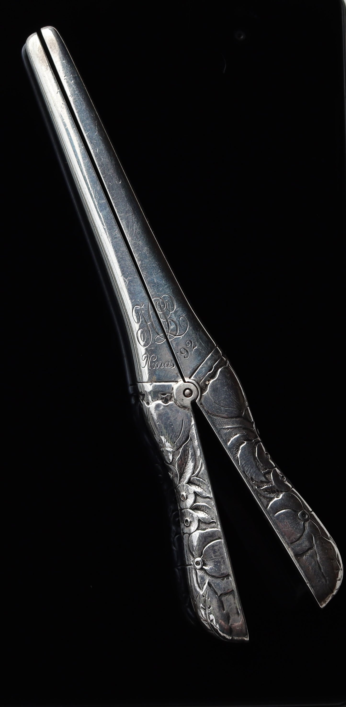 Antique Gorham Sterling Silver Repousse Floral Glove Stretcher 1892 Engraved 'Xmas 92'