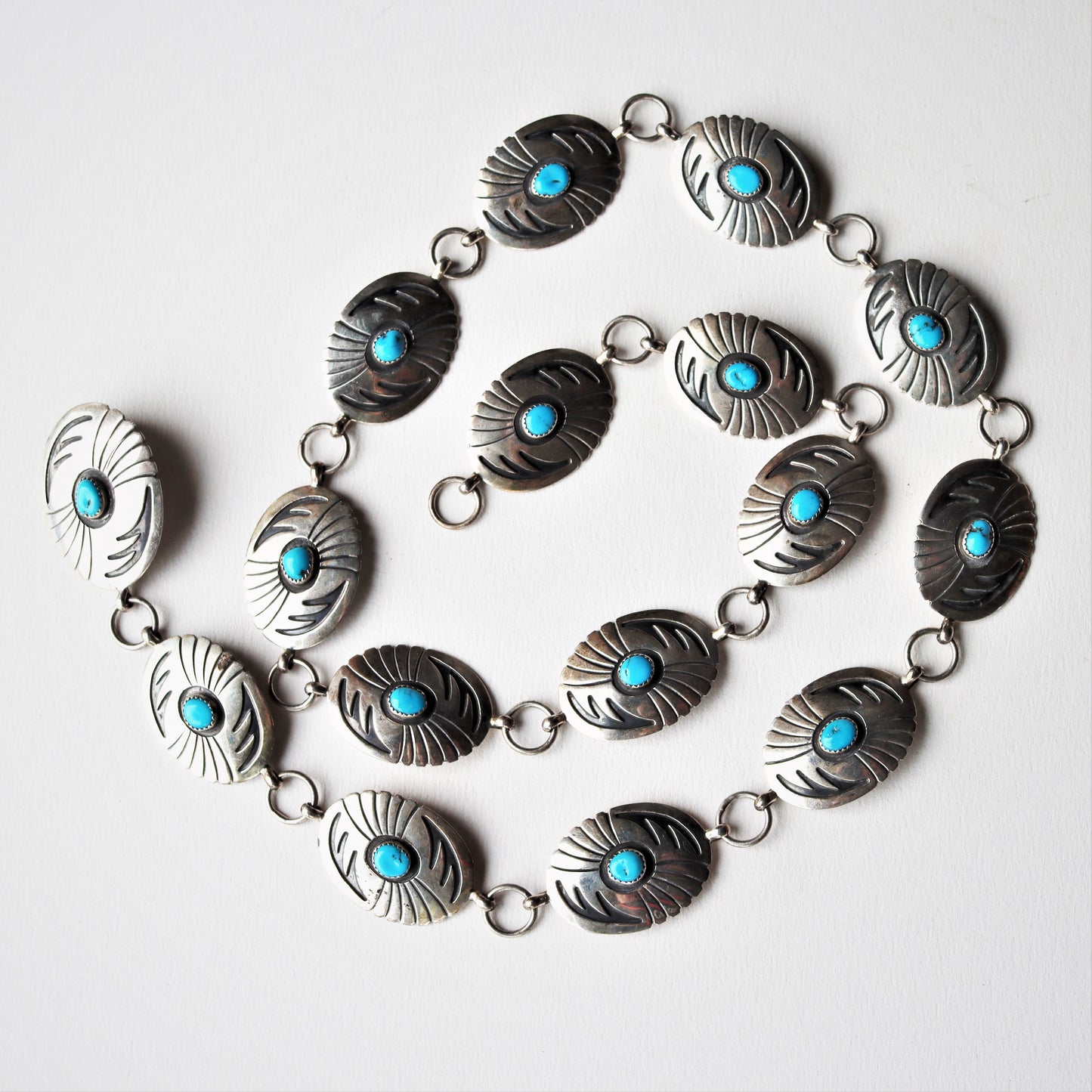 Art Deco Navajo 800 - 925 Silver Kingman Turquoise Conchos Belt Buckle Set c1940