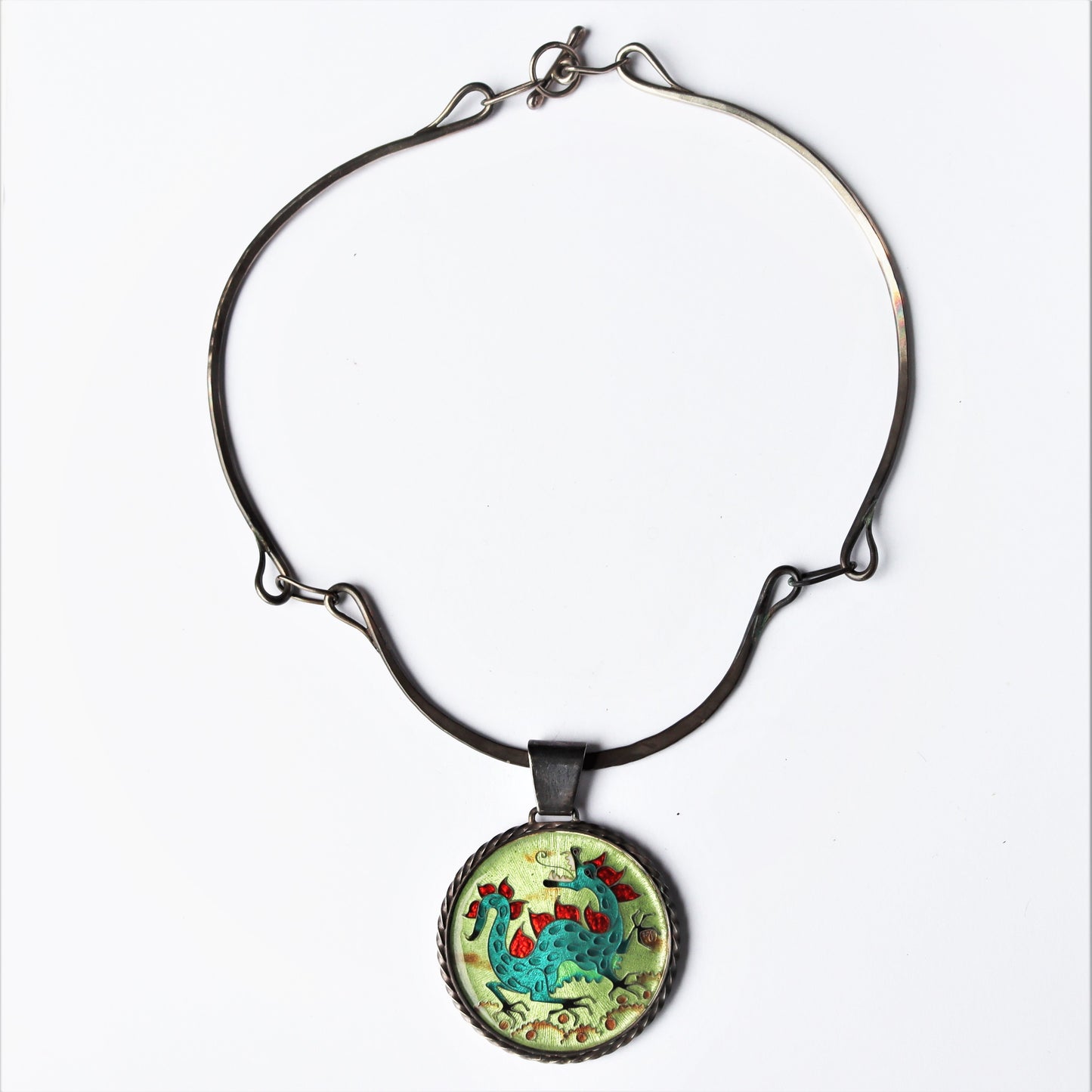 Mid Century Modern Pfieffer Hammered Sterling Silver Enamel Dragon Necklace