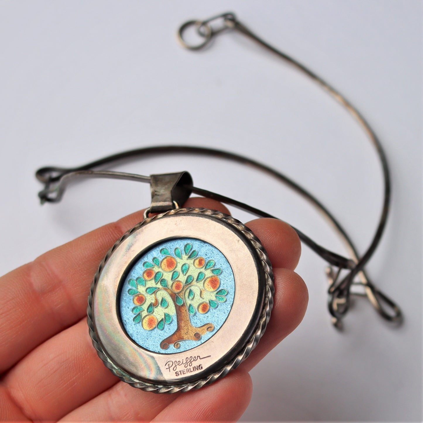 Mid Century Modern Pfieffer Hammered Sterling Silver Enamel Dragon Necklace