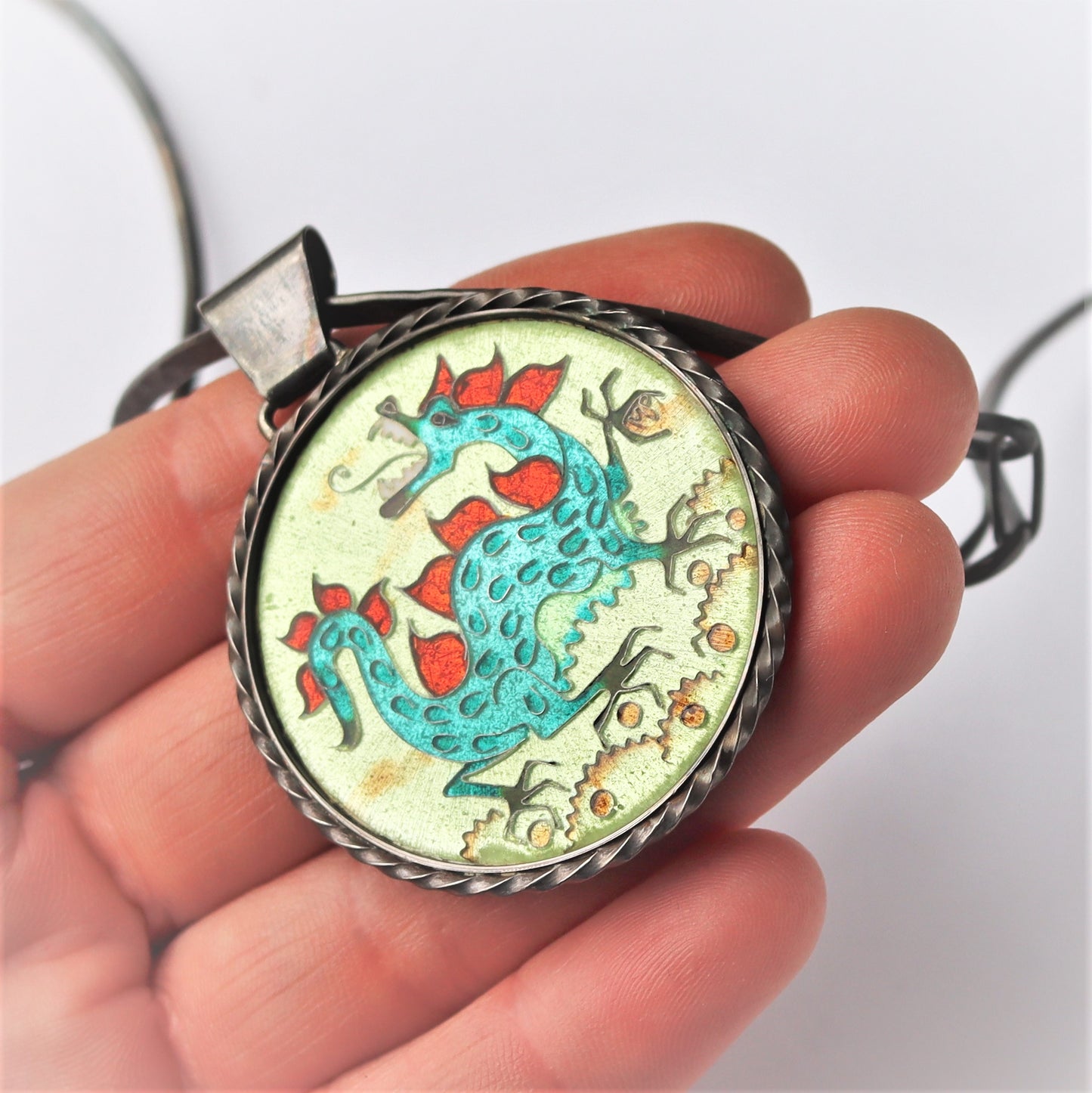 Mid Century Modern Pfieffer Hammered Sterling Silver Enamel Dragon Necklace