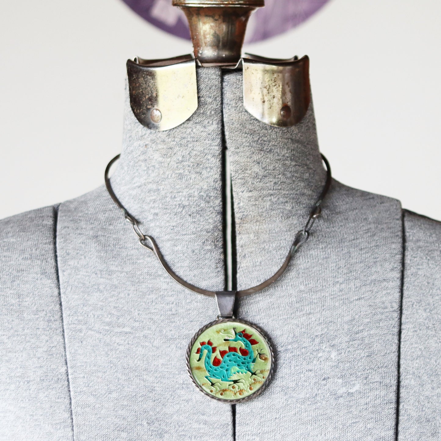 Mid Century Modern Pfieffer Hammered Sterling Silver Enamel Dragon Necklace