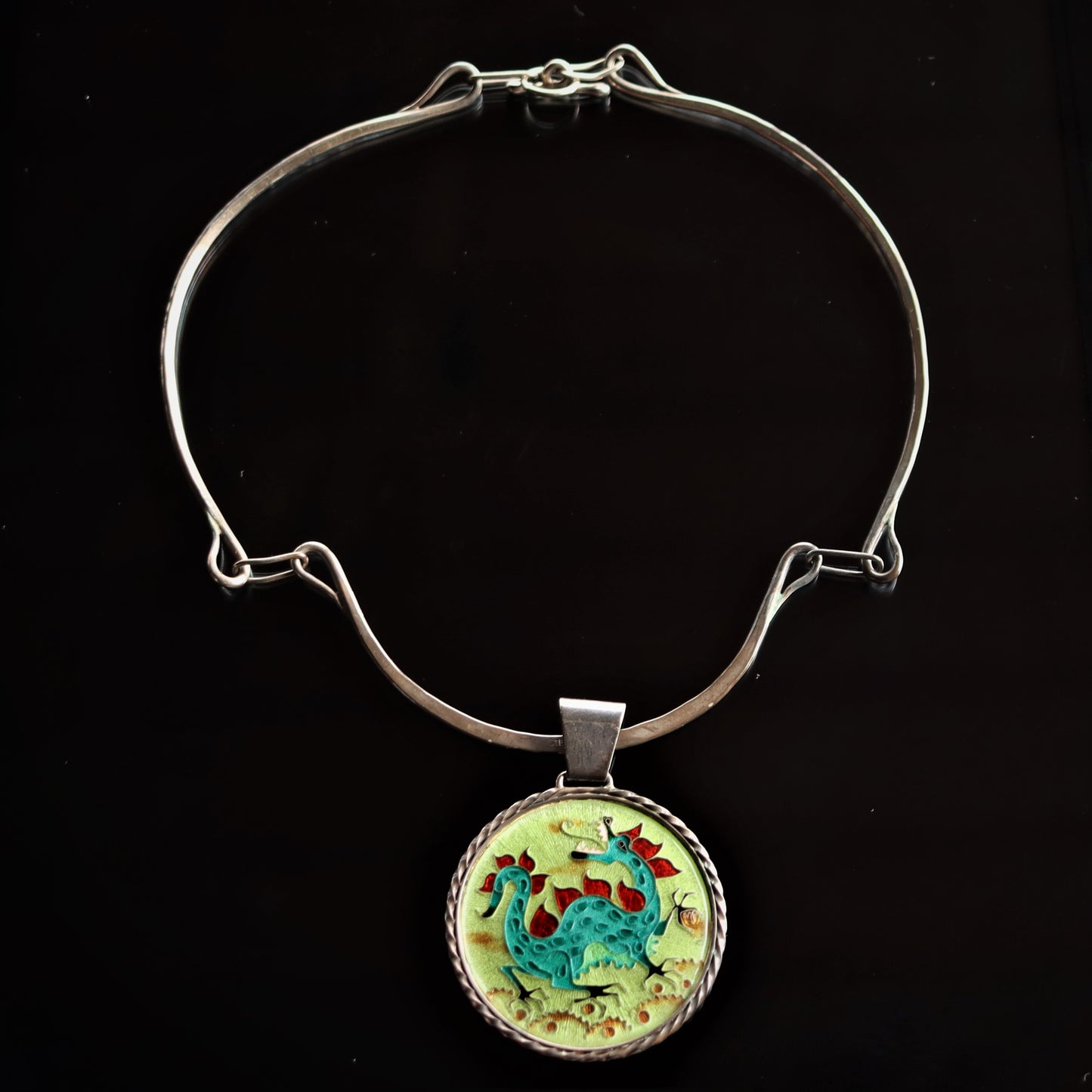 Mid Century Modern Pfieffer Hammered Sterling Silver Enamel Dragon Necklace