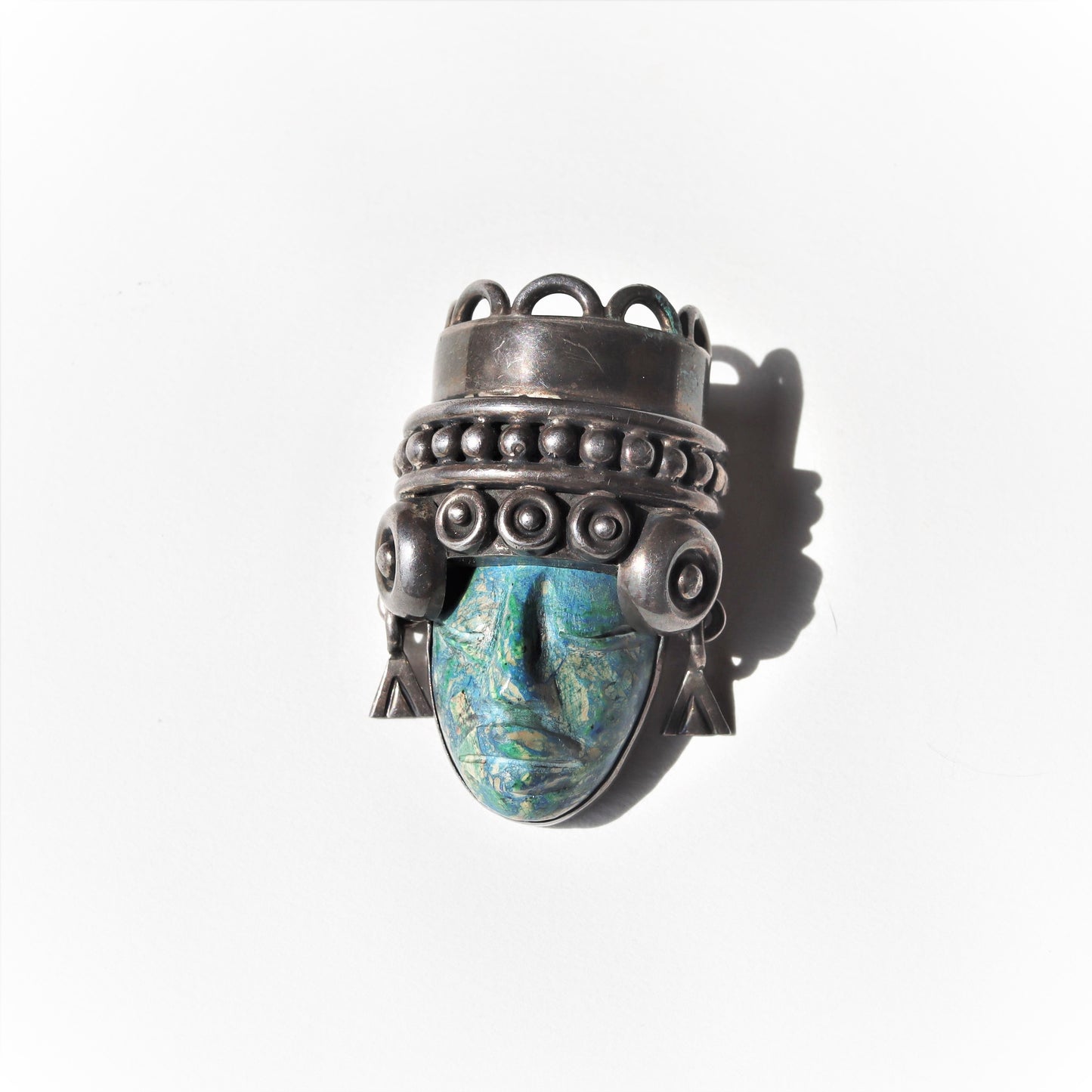 Fabulous Los Ballesteros Mexican Sterling Silver Green Calcite ? Mask God Warrior Pendant Brooch