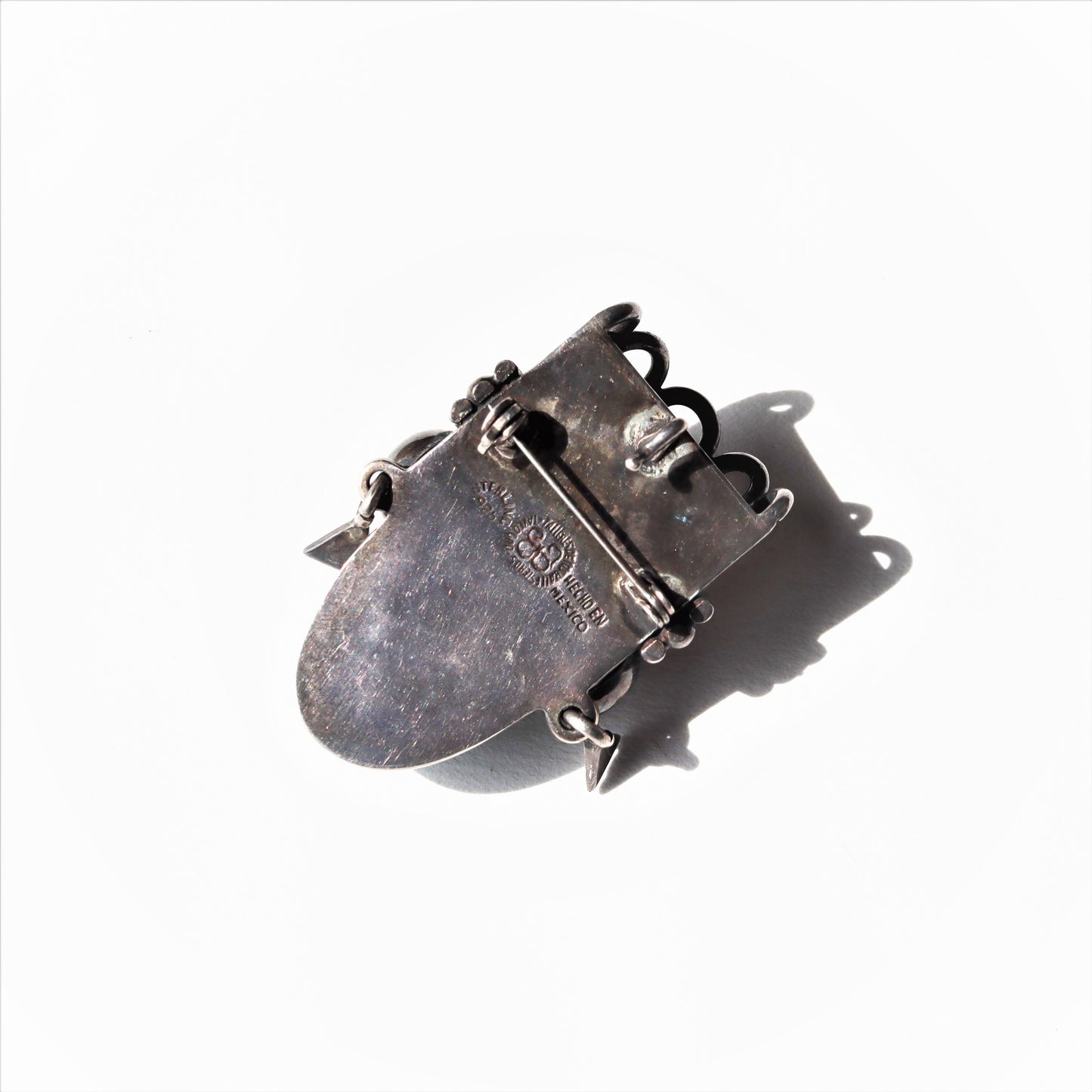 Fabulous Los Ballesteros Mexican Sterling Silver Green Calcite ? Mask God Warrior Pendant Brooch