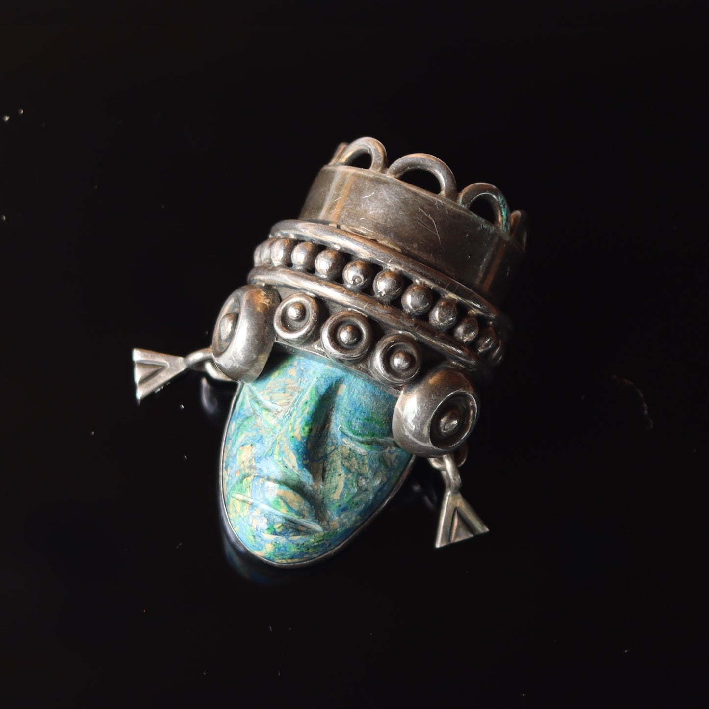 Fabulous Los Ballesteros Mexican Sterling Silver Green Calcite ? Mask God Warrior Pendant Brooch
