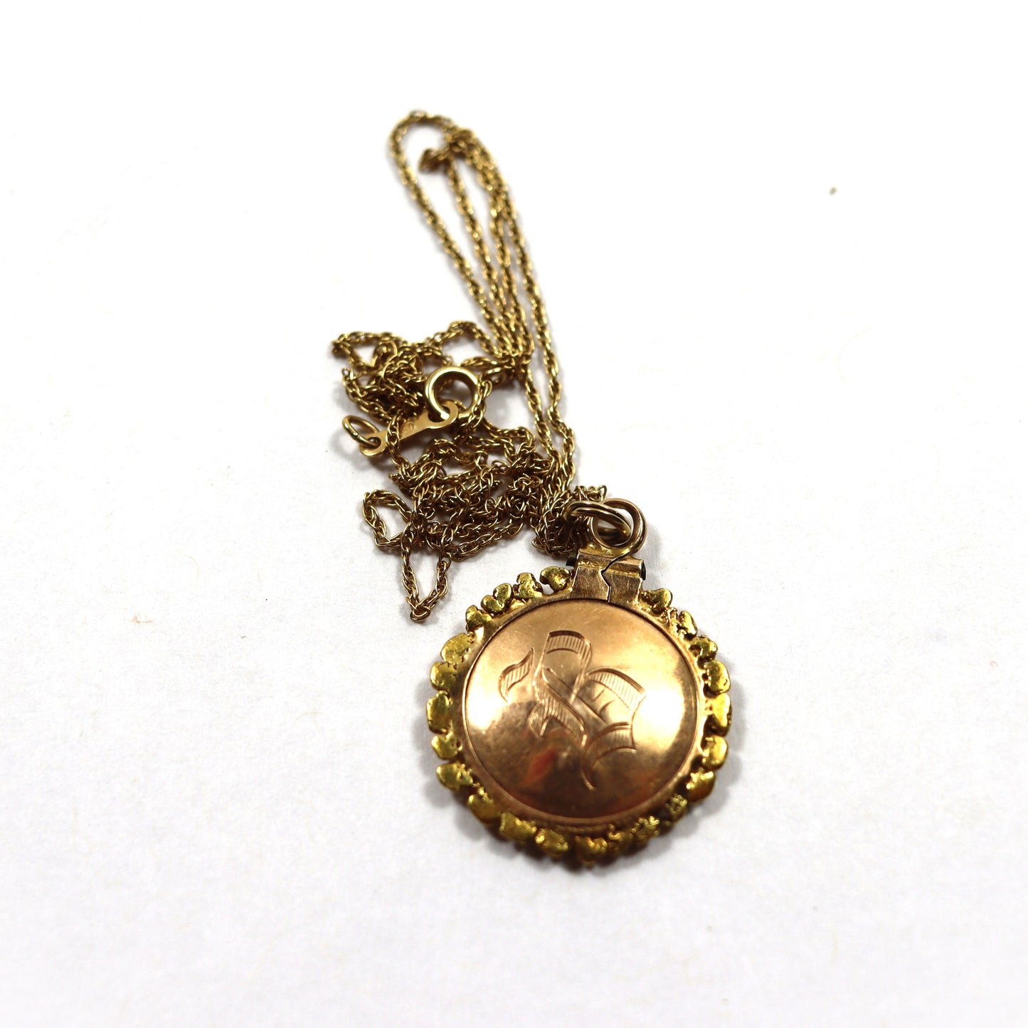 Edwardian Natural Gold Nugget Dust Crystal Locket Pendant Engraved B c1930