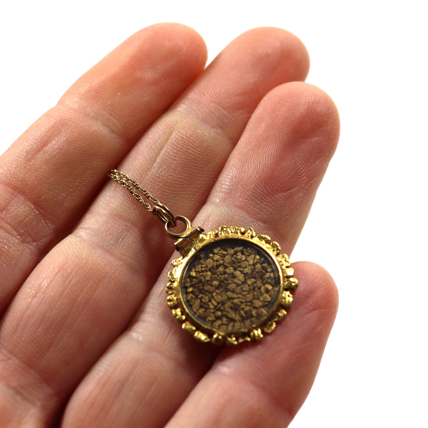 Edwardian Natural Gold Nugget Dust Crystal Locket Pendant Engraved B c1930