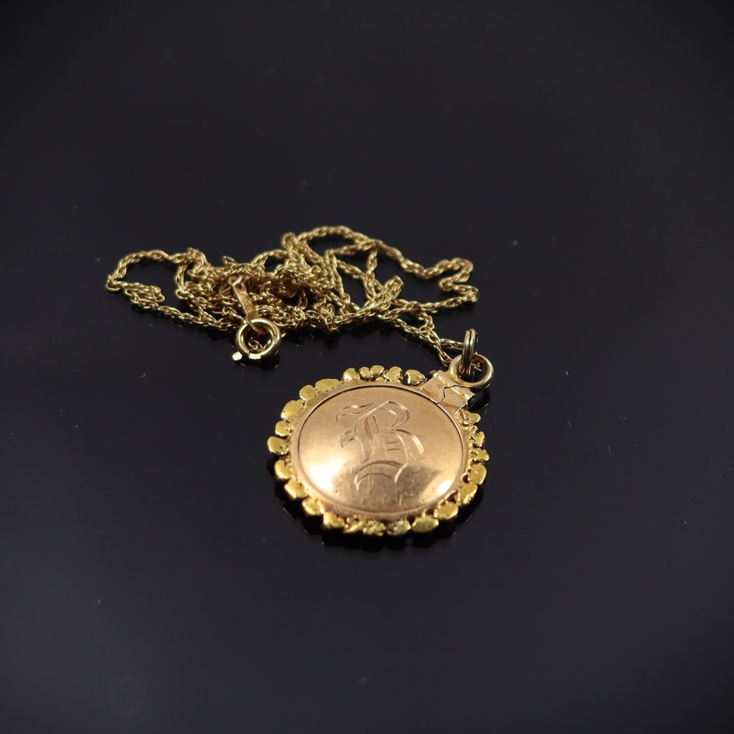 Edwardian Natural Gold Nugget Dust Crystal Locket Pendant Engraved B c1930