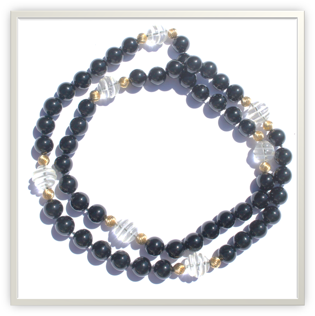 Mid Century Onyx 10k Gold Bead Carved Crystal Opera Length Necklace 32"