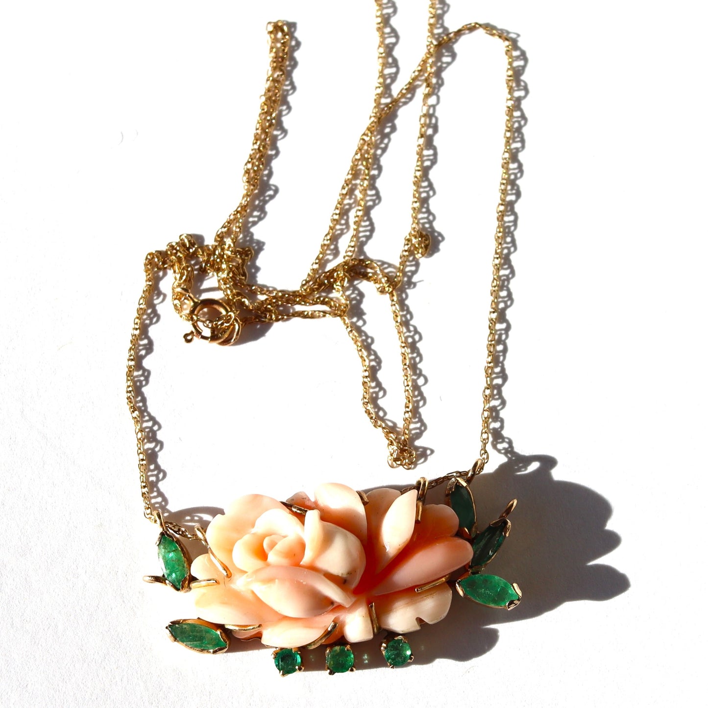 Vintage 14k Gold Hand Carved Angel Skin Coral Rose Pendant with Marquis and Round Cut Emeralds