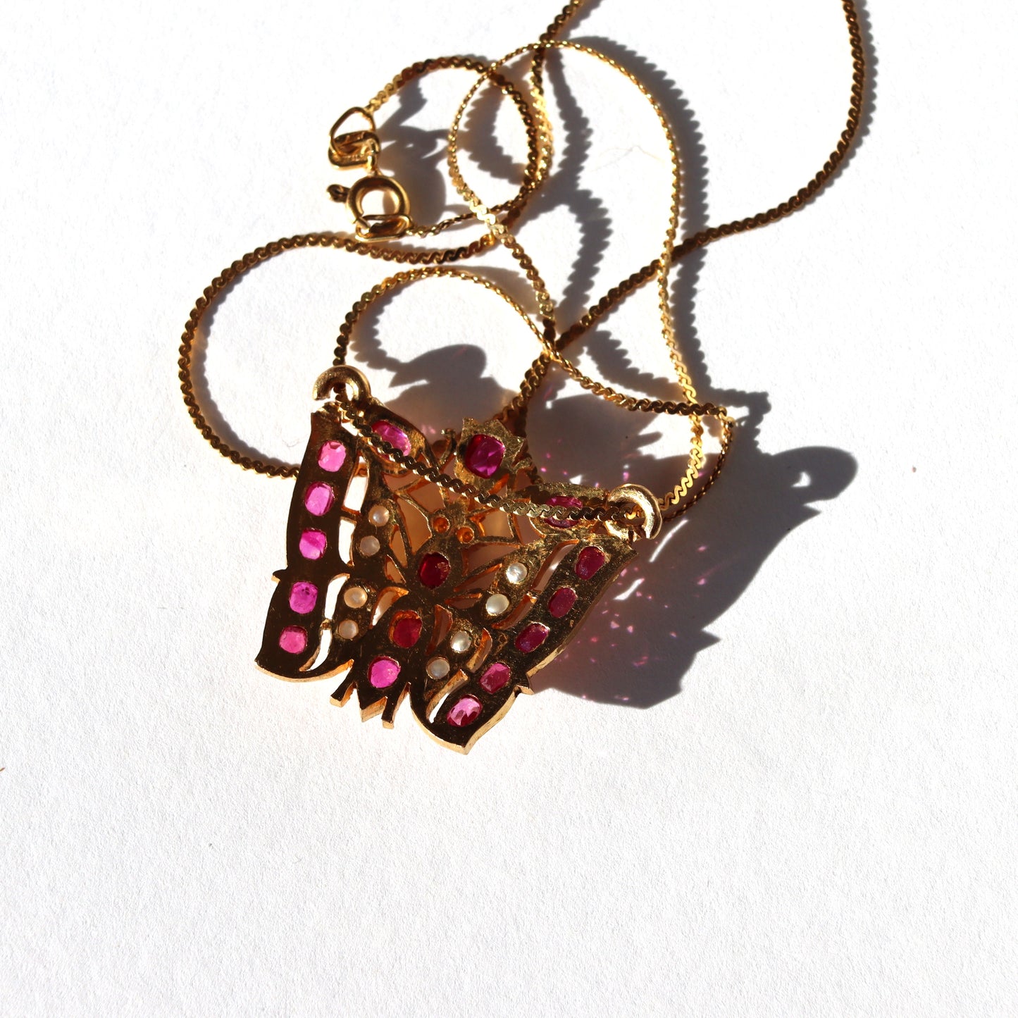 Vintage Hand Crafted 14k Gold Ruby and Seed Pearl Butterfly Pendant - Italian 14k Chain