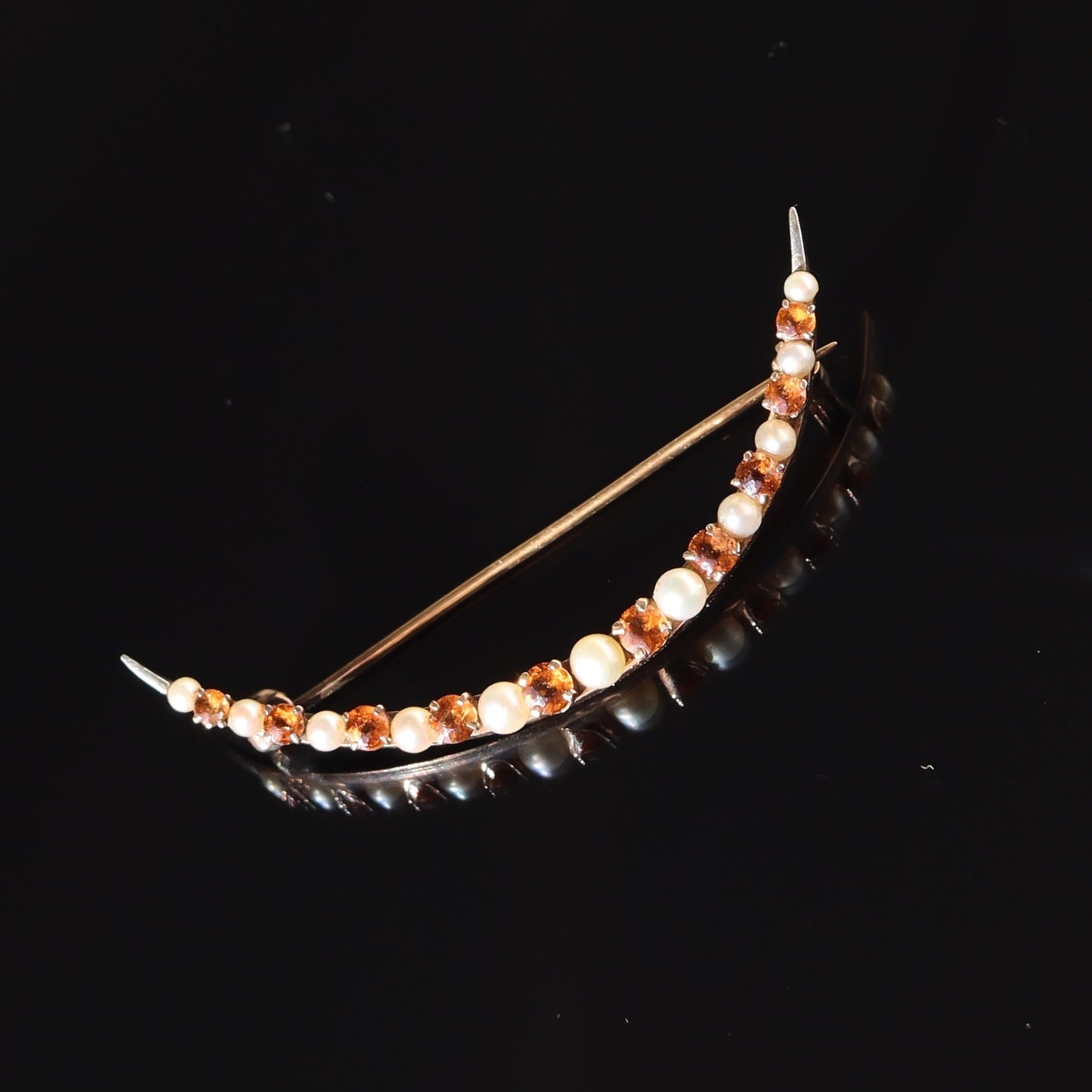 Edwardian 14k Yellow Gold Citrine Seed Pearl Graduated Crescent Brooch c1910