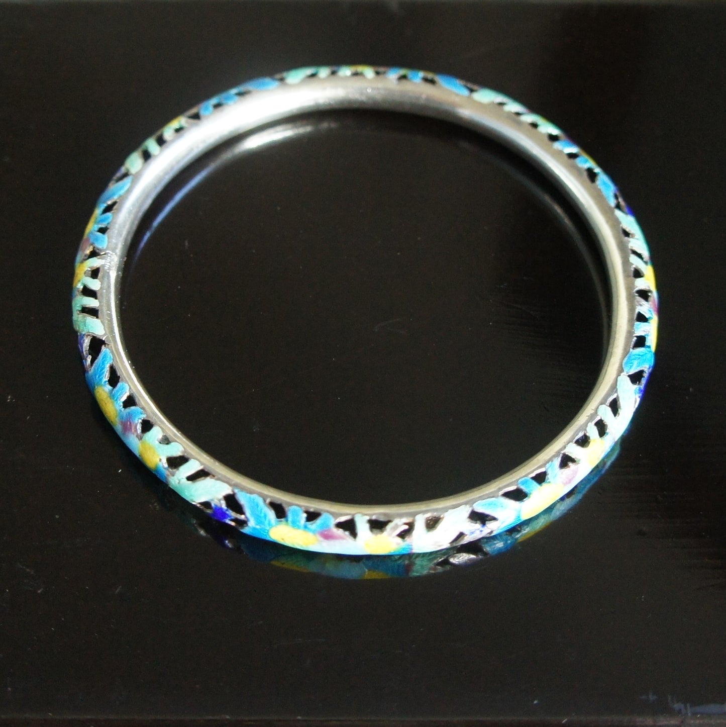 Vintage Blue Green Chinese Canton Enamel Silver for Export Openwork Stacking Bangle