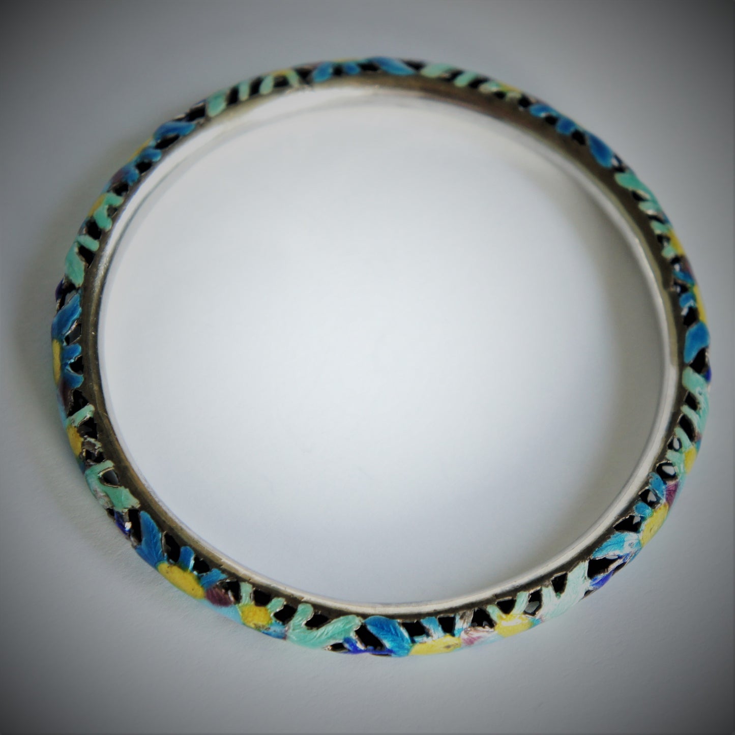 Vintage Blue Green Chinese Canton Enamel Silver for Export Openwork Stacking Bangle